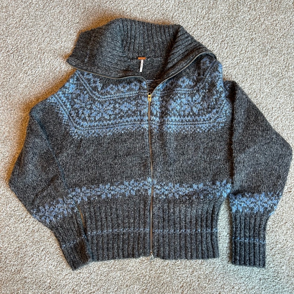 Free People Charcoal Wool Blend Zip Front Funnel Neck Sweater Women’s L